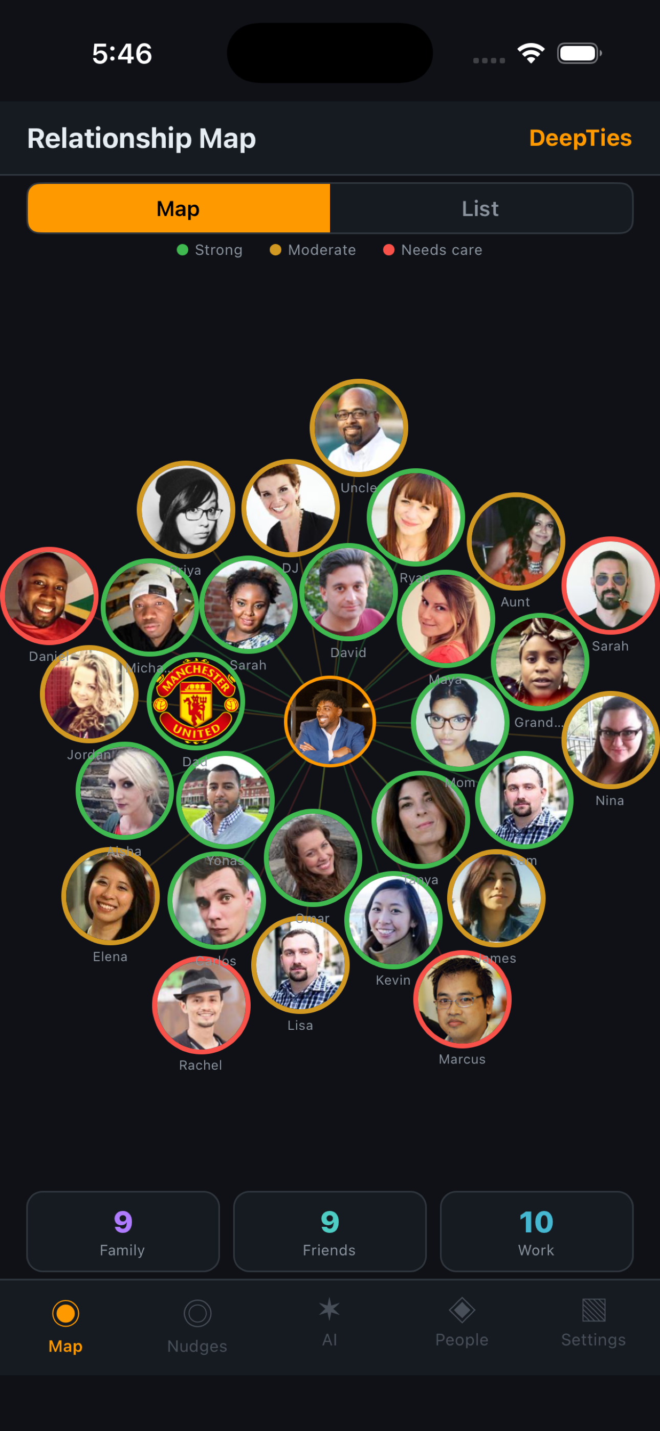 A iHuman personal CRM relationship map showing AI health scores for family, friends, and professional contacts