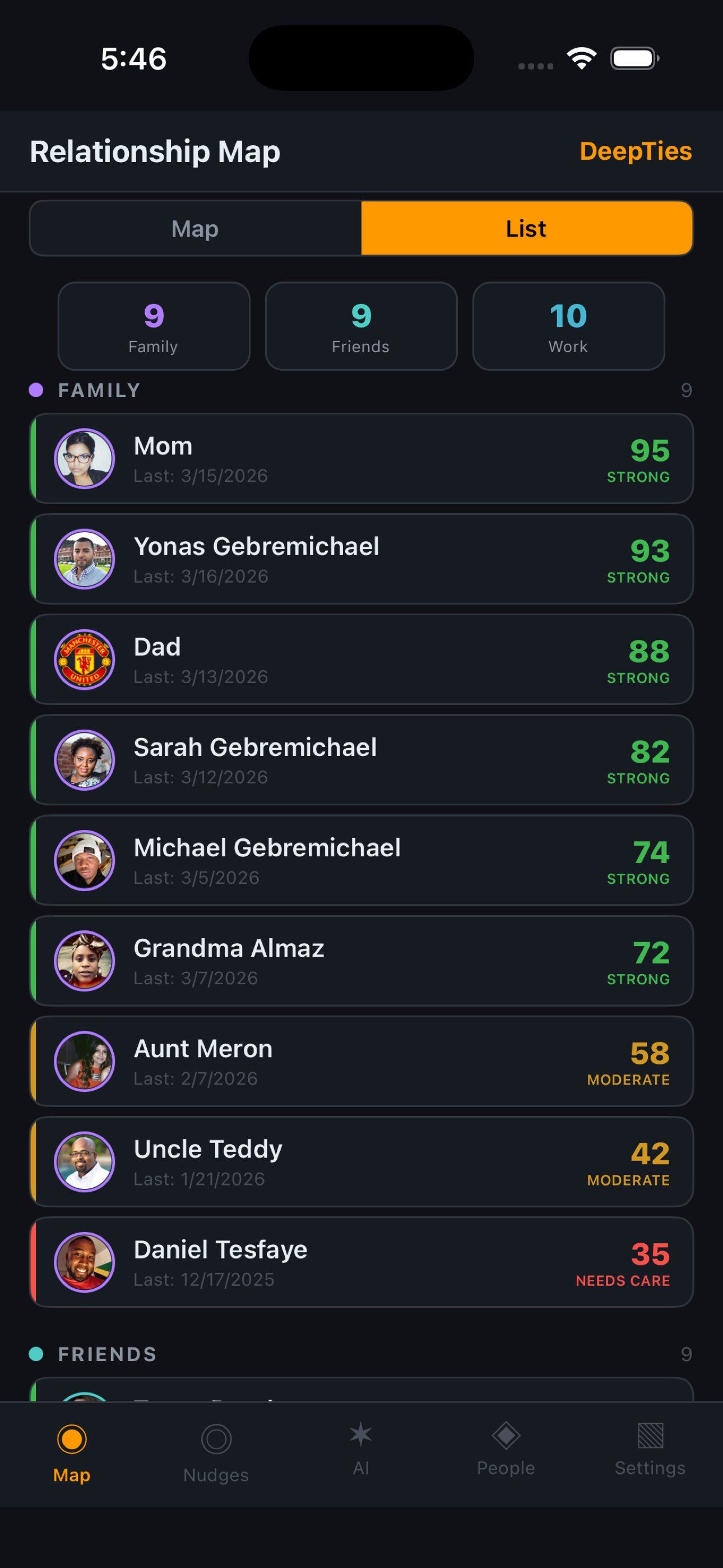 A iHuman smart nudges screen with AI-powered reminders to stay in touch